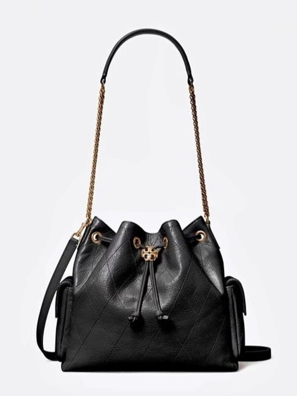NWT Tory Burch Charlie Quilted Drawstring Leather Shoulder Bag Black
